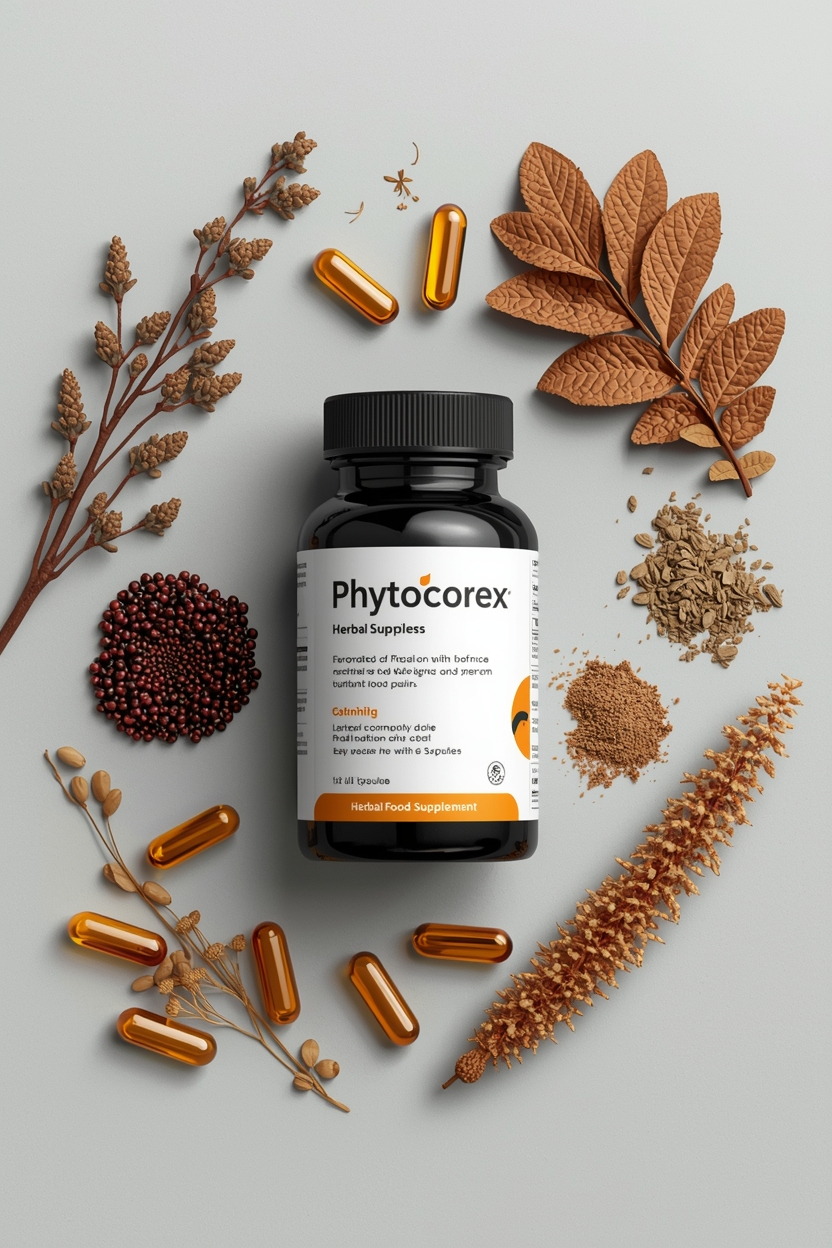 Phytocorex herbal food supplement capsules arranged with dried botanicals on a neutral background
